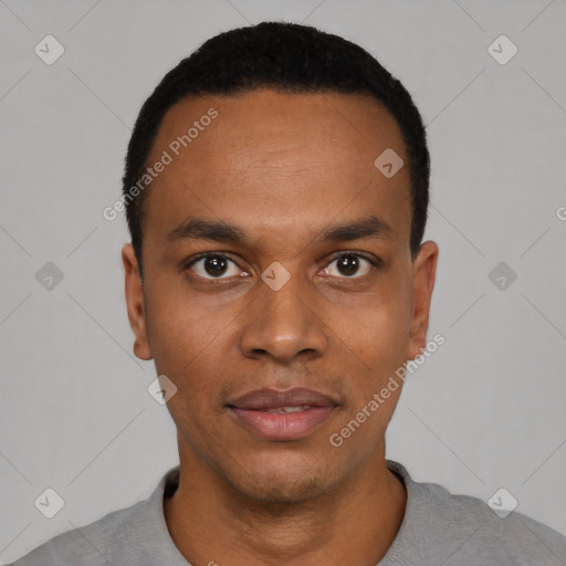 Neutral black young-adult male with short  black hair and brown eyes