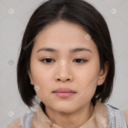 Neutral asian young-adult female with medium  brown hair and brown eyes