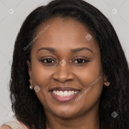 Joyful asian young-adult female with long  brown hair and brown eyes