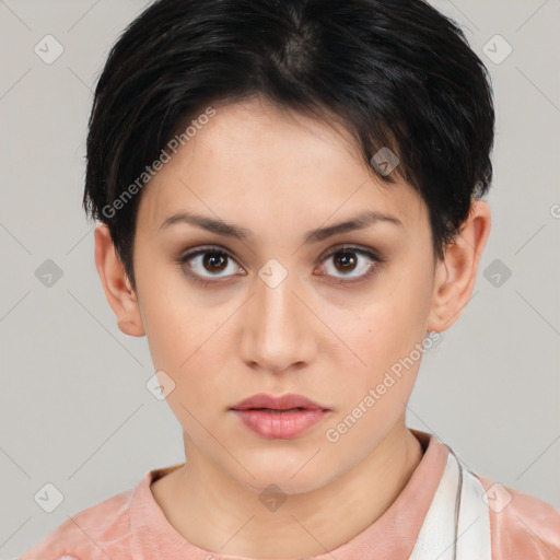 Neutral white young-adult female with short  brown hair and brown eyes