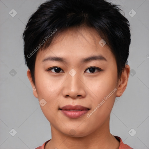 Joyful asian young-adult female with short  brown hair and brown eyes