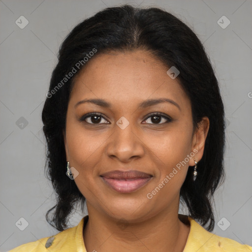 Joyful black young-adult female with medium  brown hair and brown eyes