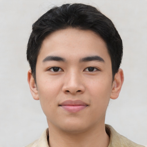 Neutral asian young-adult male with short  black hair and brown eyes
