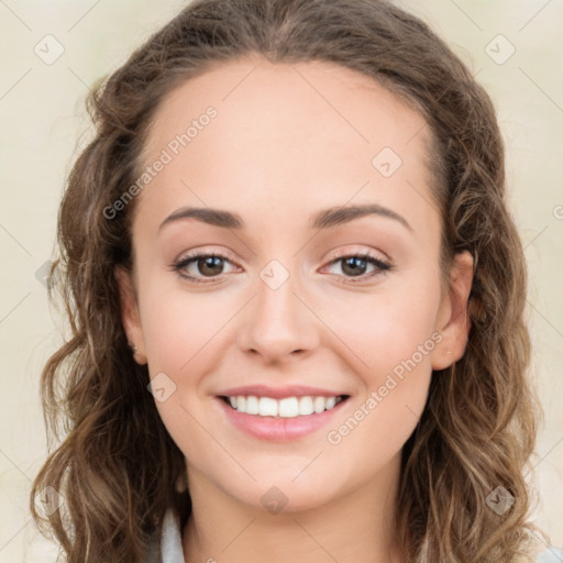 Joyful white young-adult female with medium  brown hair and green eyes