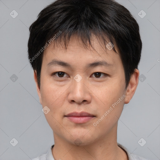 Neutral asian young-adult male with short  brown hair and brown eyes