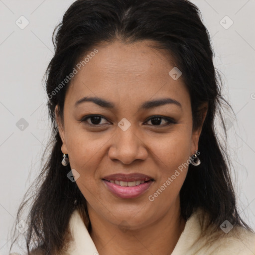 Joyful latino young-adult female with medium  brown hair and brown eyes