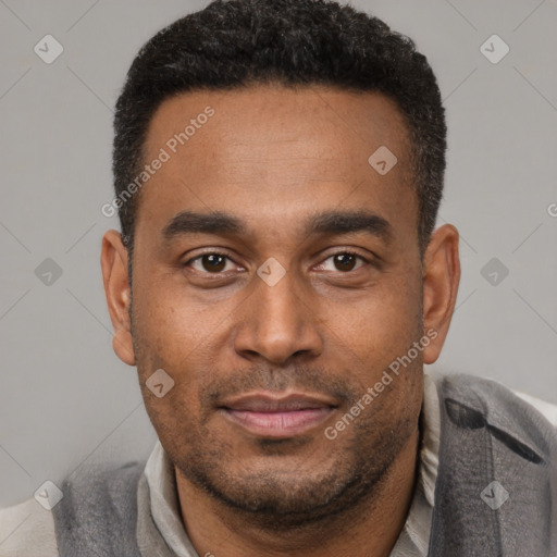 Neutral latino young-adult male with short  brown hair and brown eyes