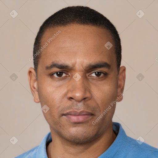 Neutral white adult male with short  black hair and brown eyes
