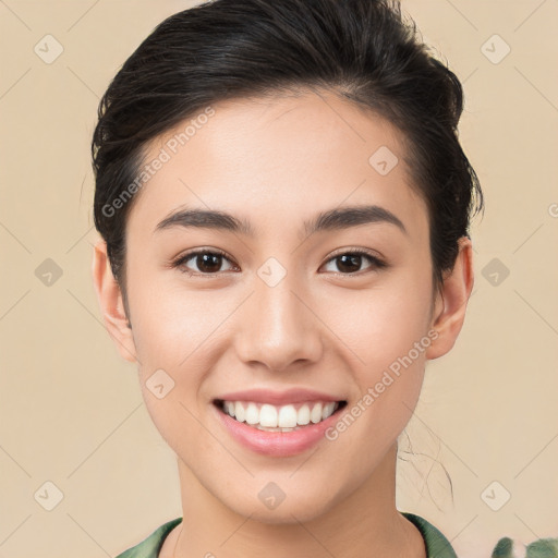 Joyful white young-adult female with medium  brown hair and brown eyes