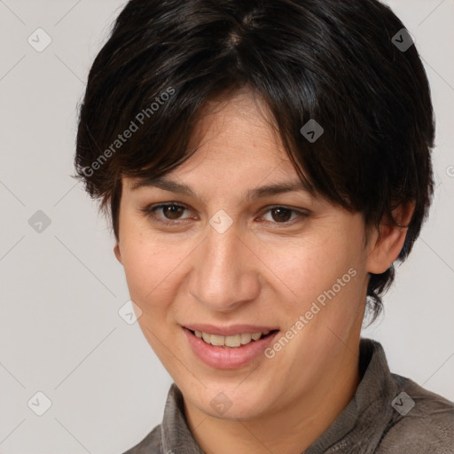 Joyful white adult female with medium  brown hair and brown eyes