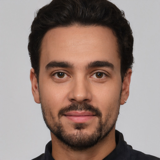 Neutral white young-adult male with short  black hair and brown eyes