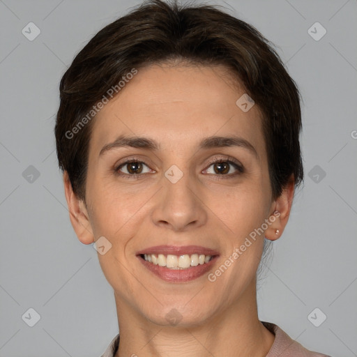 Joyful white young-adult female with short  brown hair and brown eyes