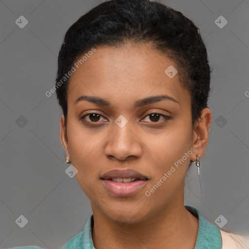 Joyful latino young-adult female with short  brown hair and brown eyes