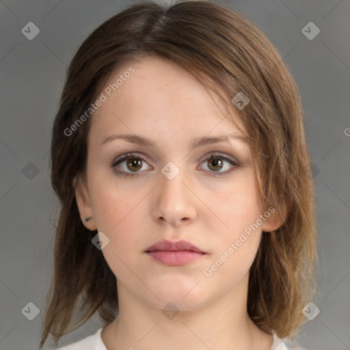 Neutral white young-adult female with medium  brown hair and brown eyes