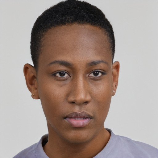Neutral black young-adult female with short  black hair and brown eyes
