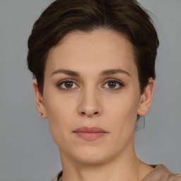 Neutral white young-adult female with short  brown hair and brown eyes