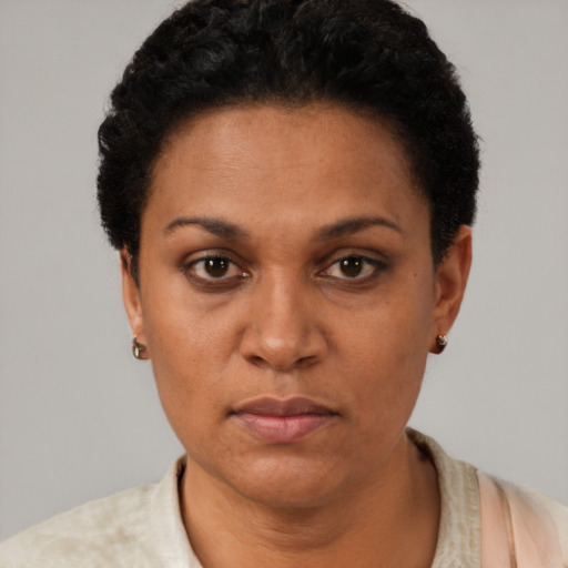 Neutral black adult female with short  black hair and brown eyes