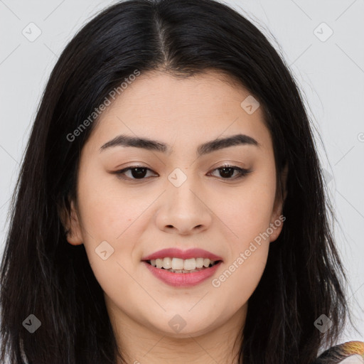 Joyful asian young-adult female with long  brown hair and brown eyes