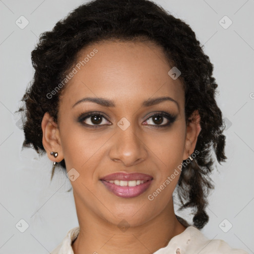 Joyful black young-adult female with medium  brown hair and brown eyes