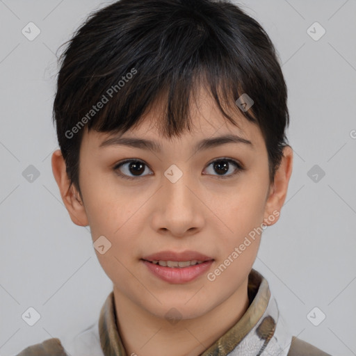 Joyful asian young-adult female with short  brown hair and brown eyes