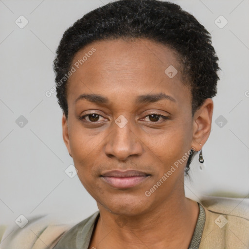 Neutral black young-adult female with short  black hair and brown eyes