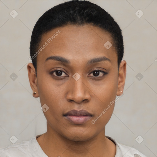 Neutral latino young-adult female with short  black hair and brown eyes