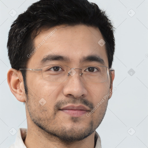 Neutral asian young-adult male with short  black hair and brown eyes