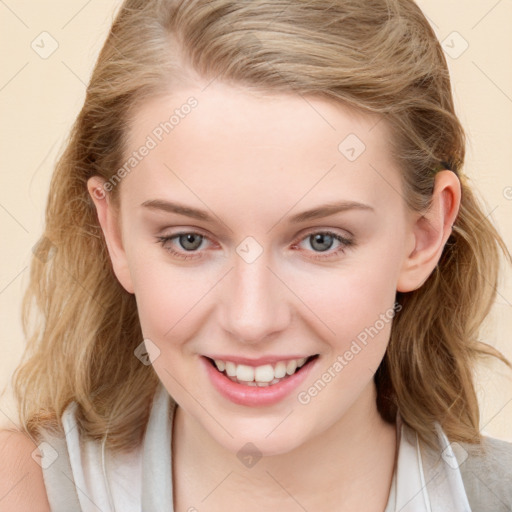 Joyful white child female with medium  brown hair and blue eyes