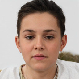 Neutral white young-adult female with short  brown hair and brown eyes