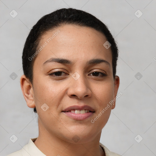 Joyful white young-adult female with short  brown hair and brown eyes