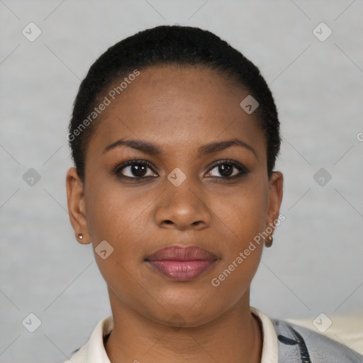 Joyful black young-adult female with short  brown hair and brown eyes