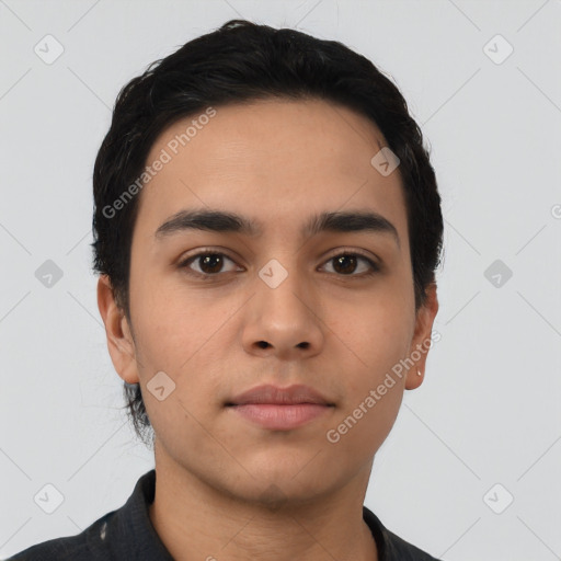 Neutral latino young-adult male with short  black hair and brown eyes