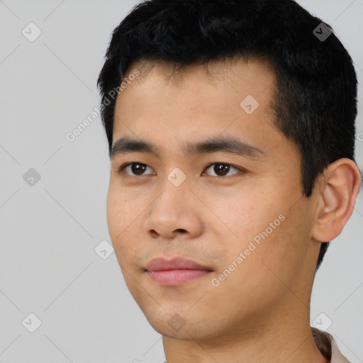 Neutral asian young-adult male with short  black hair and brown eyes