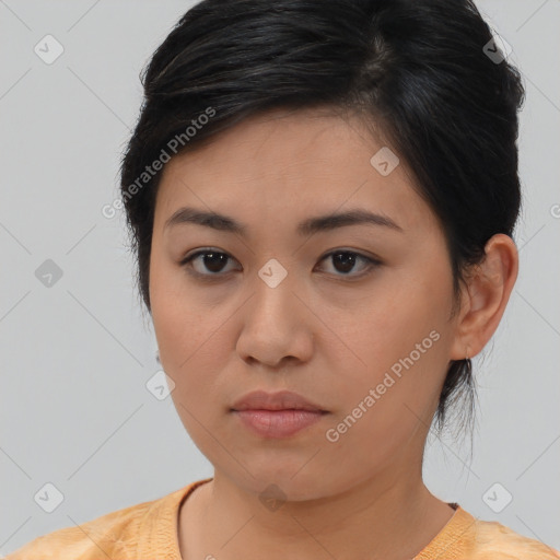 Neutral asian young-adult female with medium  brown hair and brown eyes