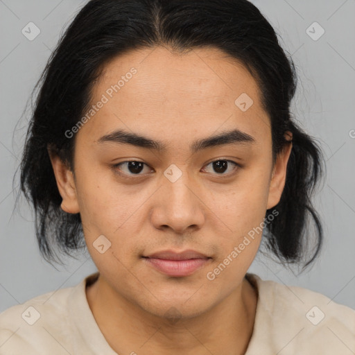 Joyful asian young-adult female with medium  brown hair and brown eyes