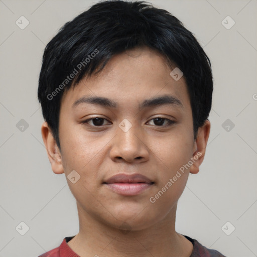 Neutral asian young-adult male with short  black hair and brown eyes
