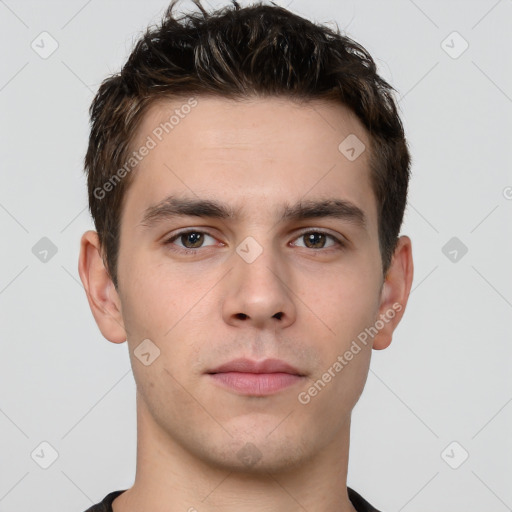 Neutral white young-adult male with short  brown hair and brown eyes