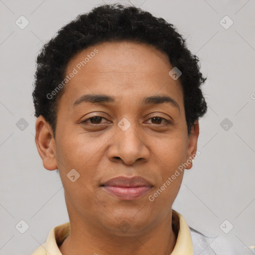 Joyful latino adult female with short  brown hair and brown eyes