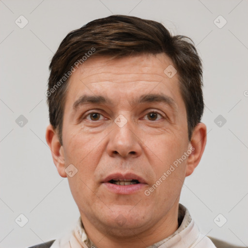 Neutral white adult male with short  brown hair and brown eyes