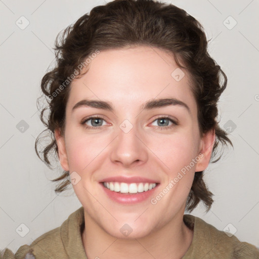 Joyful white young-adult female with medium  brown hair and green eyes