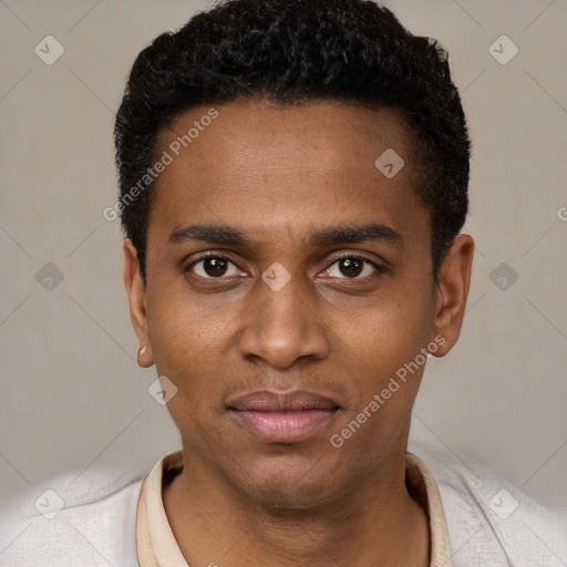 Neutral black young-adult male with short  black hair and brown eyes