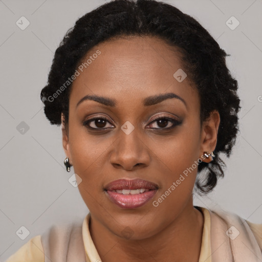 Joyful latino young-adult female with short  black hair and brown eyes