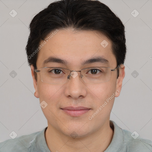 Joyful asian young-adult male with short  brown hair and brown eyes