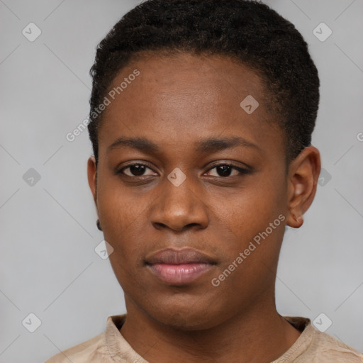 Neutral black young-adult female with short  black hair and brown eyes