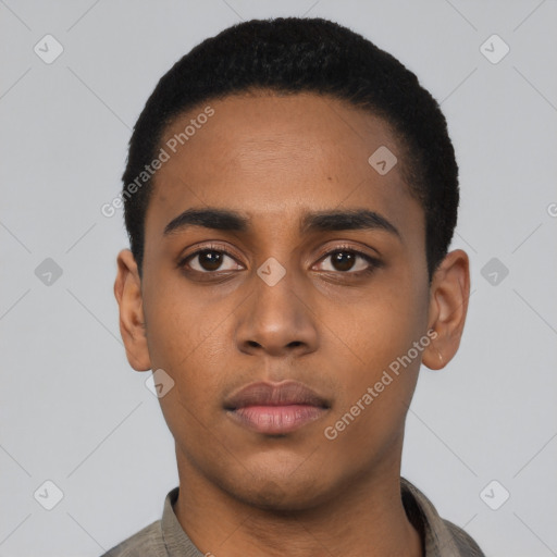 Neutral latino young-adult male with short  black hair and brown eyes