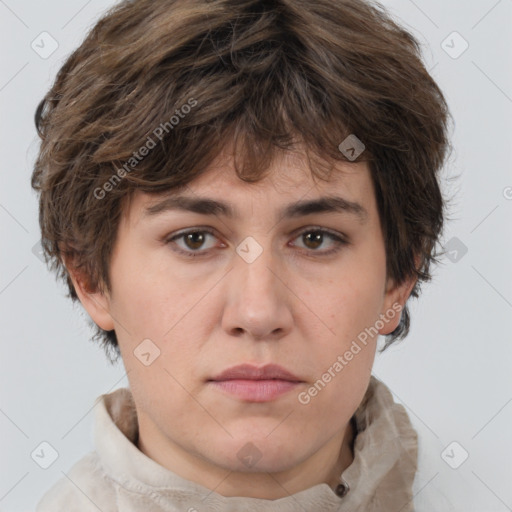 Neutral white young-adult female with short  brown hair and brown eyes