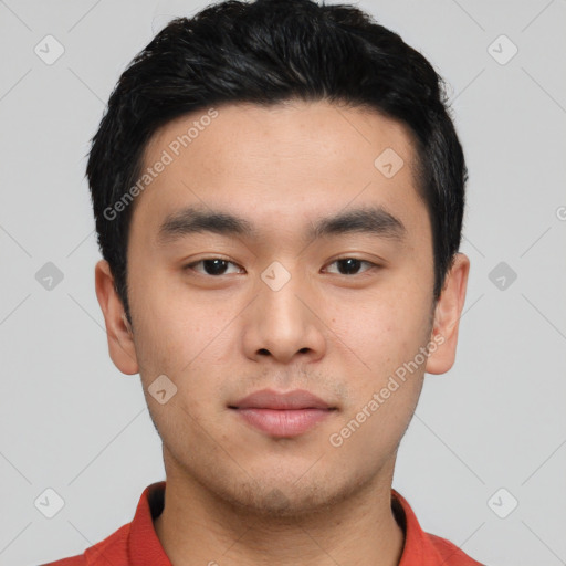 Neutral asian young-adult male with short  black hair and brown eyes