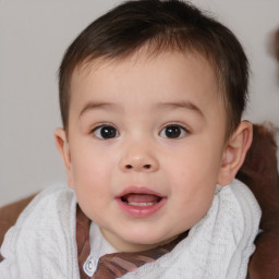 Joyful white child female with short  brown hair and brown eyes