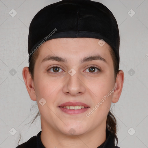 Joyful white young-adult female with medium  brown hair and brown eyes