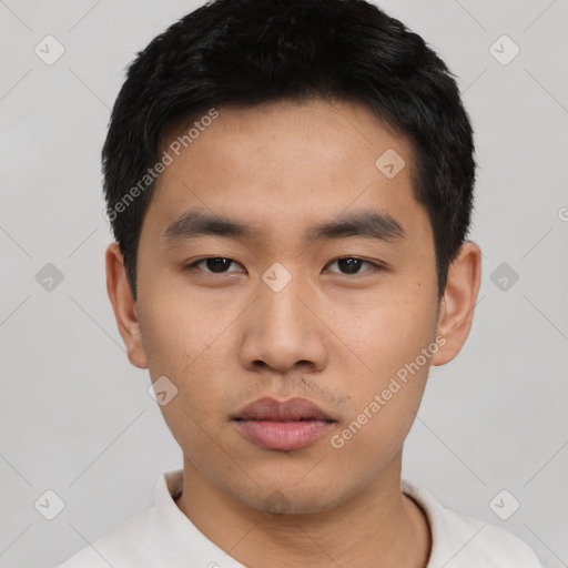 Neutral asian young-adult male with short  black hair and brown eyes